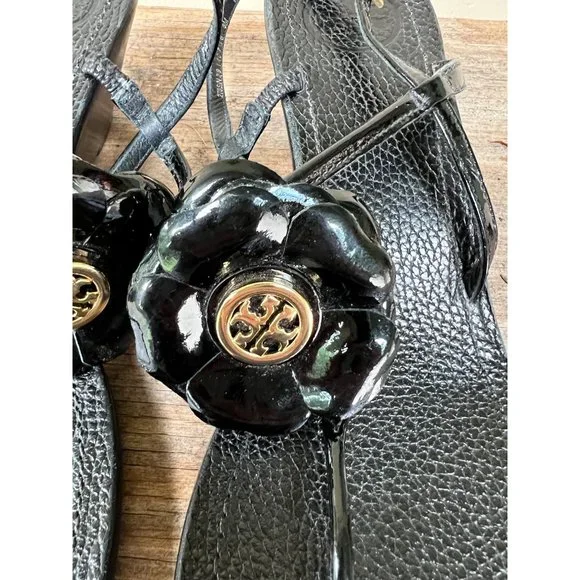 TORY BURCH Reva Logo Flower Blossom Logo Thong Wedge Sandals Breely 8 - Picture 3 of 10